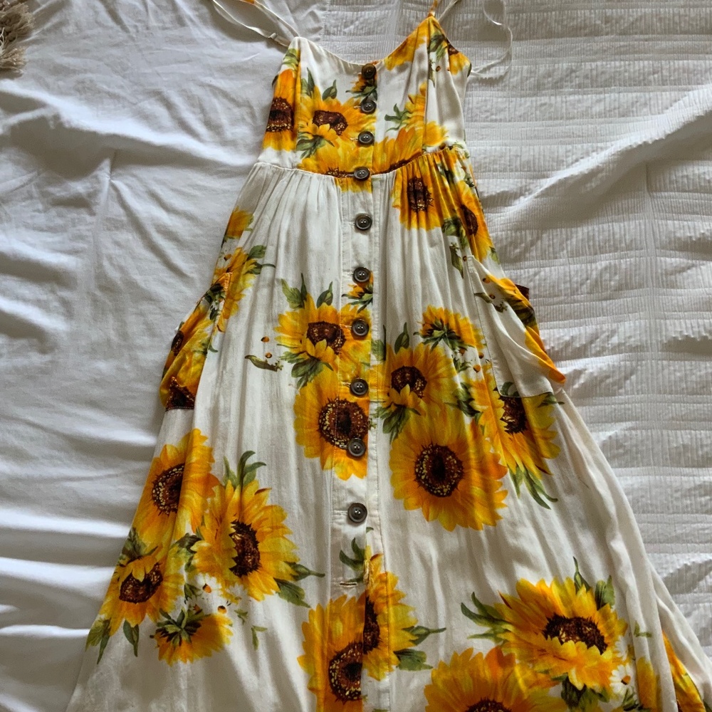 Sunflower Print Button Up Maxi Dress
